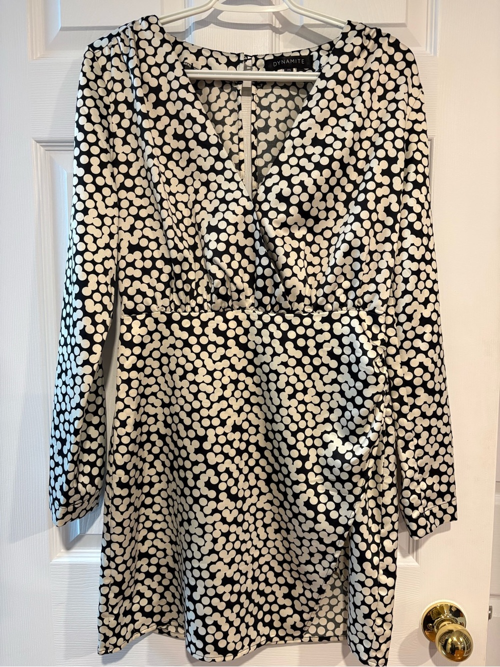 Dynamite Black White Polka Dot Wrap Mini Dress Office Siren Parisian Chic S - Picture 3 of 8